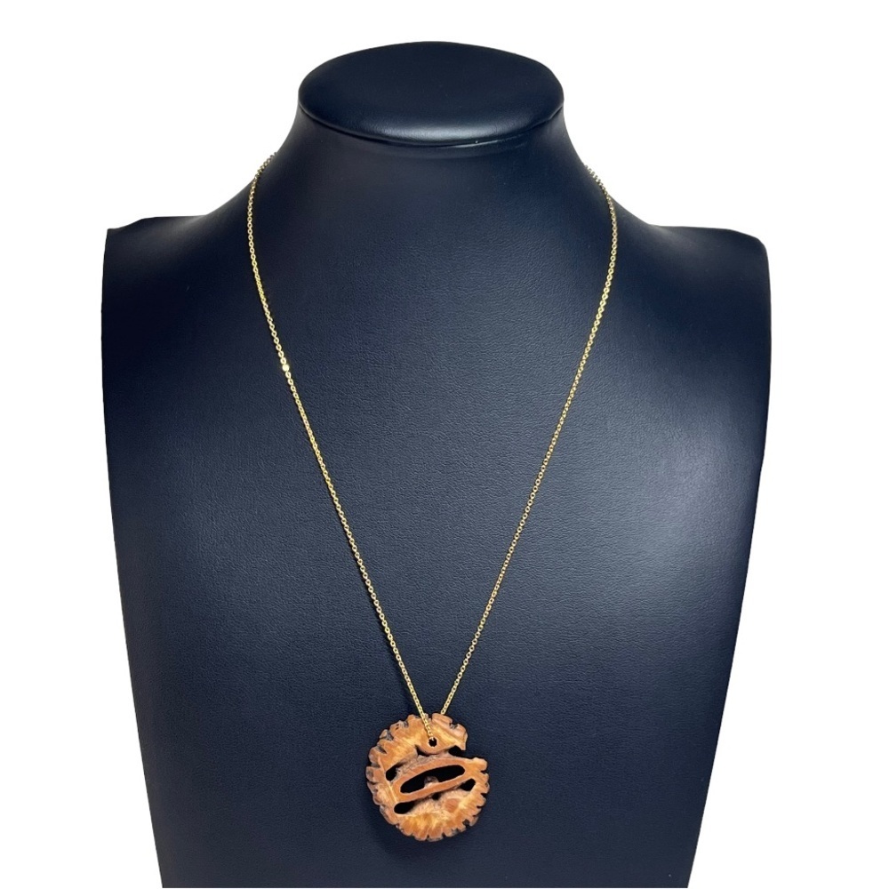VTG 925 Sterling Gold Plated Carved Wood Pendant Necklace 18"